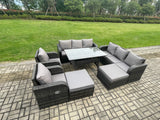 Fimous Patio Rattan Garden Furniture Set with Oblong Rectangular Dining Table 10 Seater Outdoor Lounge Sofa Set Dark Grey Mixed