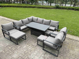 Fimous Aluminium Adjustable Rising Lifting Dining Table Sofa Set 12 Seat Aluminium Garden Furniture Sets with 3 Footstools 3 Chairs Dark Grey