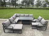 Fimous Aluminium Adjustable Rising Lifting Dining Table Sofa Set 12 Seat Aluminium Garden Furniture Sets with 3 Footstools 3 Chairs Dark Grey