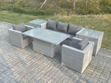 Fimous Rattan Garden Funiture Set Adjustable Rising Lifting Table Sofa Dining Set With 2 Arm Chair 2 Side Table