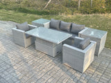 Fimous Rattan Garden Funiture Set Adjustable Rising Lifting Table Sofa Dining Set With 2 Arm Chair 2 Side Table
