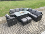 Fimous Rattan Outdoor Furniture Gas Fire Pit Rectangle Dining Table Gas Heater Reclining Chair 3 Seater Sofa Sets with Side Table 2 Small Footstools 9 Seater