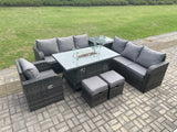 Fimous Rattan Outdoor Furniture Gas Fire Pit Rectangle Dining Table Gas Heater Reclining Chair 3 Seater Sofa Sets with Side Table 2 Small Footstools 9 Seater