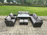 Fimous 10 Seater Lounge Rattan Sofa Set Outdoor Garden Furniture Oblong Rectangular Dining Table With Adjustable Chair 3 Seater Sofa 2 Small FootstoolsDark Grey Mixed
