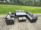 Fimous 10 Seater Lounge Rattan Sofa Set Outdoor Garden Furniture Oblong Rectangular Dining Table With Adjustable Chair 3 Seater Sofa 2 Small FootstoolsDark Grey Mixed
