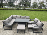 Fimous Aluminium Adjustable Rising Lifting Dining Table Sofa Set 11 Seat Aluminium Garden Furniture Sets with 3 Footstools 2 Chairs Dark Grey