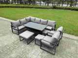 Fimous Aluminium Adjustable Rising Lifting Dining Table Sofa Set 11 Seat Aluminium Garden Furniture Sets with 3 Footstools 2 Chairs Dark Grey