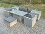 Fimous Rattan Garden Funiture Set Adjustable Rising Lifting Table Sofa Dining Set With 2 Arm Chair 2 Side Table Footstool