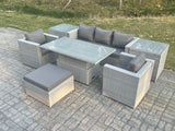 Fimous Rattan Garden Funiture Set Adjustable Rising Lifting Table Sofa Dining Set With 2 Arm Chair 2 Side Table Footstool