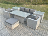 Fimous Rattan Garden Funiture Set Adjustable Rising Lifting Table Sofa Dining Set With 2 Arm Chair 2 Side Table Footstool