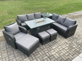 Fimous 10 Seater Wicker Rattan Garden Furniture Set Gas Fire Pit Dining Table Reclining Chair 3 Seater Sofa Set Indoor Outdoor with Side Table 3 Footstools
