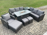 Fimous 10 Seater Wicker Rattan Garden Furniture Set Gas Fire Pit Dining Table Reclining Chair 3 Seater Sofa Set Indoor Outdoor with Side Table 3 Footstools