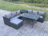 Fimous PE Wicker Outdoor Garden Furniture Set Patio Rattan Rectangular Dining Table Lounge Sofa with Big Footstool Side Table 7 Seater Dark Grey Mixed