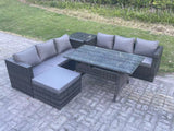 Fimous PE Wicker Outdoor Garden Furniture Set Patio Rattan Rectangular Dining Table Lounge Sofa with Big Footstool Side Table 7 Seater Dark Grey Mixed