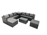 Fimous Rattan Garden Furniture Dining Set 8 seater Patio Coffee Table Sofa Set with Side Table 2 Big Footstools Dark Grey Mixed