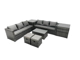 Fimous Rattan Garden Furniture Dining Set 8 seater Patio Coffee Table Sofa Set with Side Table 2 Small Footstools Dark Grey Mixed