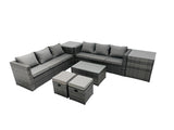 Fimous Rattan Garden Furniture Dining Set 8 seater Patio Coffee Table Sofa Set with Side Table 2 Small Footstools Dark Grey Mixed