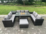 Fimous 10 Seater Rattan Garden Furniture Sofa Set Outdoor Patio Gas Fire Pit Dining Table Gas Heater Burner With Side Table Big Footstool Dark Grey Mixed