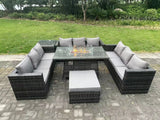 Fimous 10 Seater Rattan Garden Furniture Sofa Set Outdoor Patio Gas Fire Pit Dining Table Gas Heater Burner With Side Table Big Footstool Dark Grey Mixed