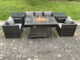 Fimous 5 Seater Outdoor PE Rattan Garden Furniture Set Gas Fire Pit Dining Table Gas Heater Burner With Sofa Armchairs Big Footstool Dark Grey Mixed
