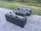 Fimous PE Wicker Outdoor Garden Furniture Set Patio Rattan Rectangular Dining Table Lounge Sofa 6 Seater Dark Grey Mixed