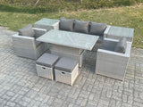 Fimous Rattan Garden Funiture Set Adjustable Rising Lifting Table Sofa Dining Set With 2 Arm Chair 2 Side Table Stools