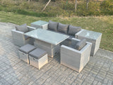 Fimous Rattan Garden Funiture Set Adjustable Rising Lifting Table Sofa Dining Set With 2 Arm Chair 2 Side Table Stools