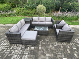 Fimous 9 Seater Outdoor Lounge Sofa Set Wicker PE Rattan Garden Furniture Set with 2 Armchair Oblong Coffee Table Side Table Big Footstool Dark Grey Mixed