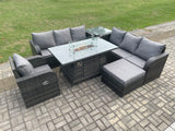 Fimous Rattan Outdoor Furniture Gas Fire Pit Rectangle Dining Table Gas Heater Reclining Chair 3 Seater Sofa Sets with Big Footstool Side Table 8 Seater