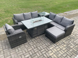 Fimous Rattan Outdoor Furniture Gas Fire Pit Rectangle Dining Table Gas Heater Reclining Chair 3 Seater Sofa Sets with Big Footstool Side Table 8 Seater