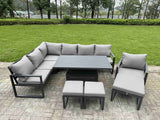Fimous Aluminium Adjustable Rising Lifting Dining Table Sofa Set 10 Seat Aluminium Garden Furniture Sets with 3 Footstools Chair Dark Grey