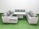 Fimous PE Rattan Lounge Sofa Set 10 Seater Outdoor Garden Furniture Set with Adjustable Lifting Dining or Coffee Table 3 Seater Sofa Big Footstool Side Table Light Grey