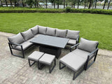 Fimous Aluminium Adjustable Rising Lifting Dining Table Sofa Set 10 Seat Aluminium Garden Furniture Sets with 3 Footstools Chair Dark Grey