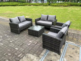 Fimous 6 Seater Dark Grey Mixed High Back Rattan Sofa Set Square Coffee Table Garden Furniture Outdoor Patio With Love Sofa Arm Chairs