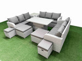 Fimous 8 Pieces Garden Rising Dining Table High Back Inclining Sofa Set 2 Big Footstool 2 Small Stool 1 Side Table Light Grey