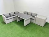 Fimous Rattan Garden Furniture Dining Set 6 seater Patio Rectangular Table Sofa Set with 2 Side Tables Light Grey