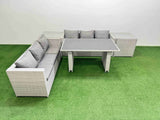 Fimous Rattan Garden Furniture Dining Set 6 seater Patio Rectangular Table Sofa Set with 2 Side Tables Light Grey