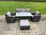 Fimous Wicker PE Rattan Garden Furniture Set Outdoor Rectangular Dining Table and Chair Sofa Set With Big Footstool Dark Grey Mixed