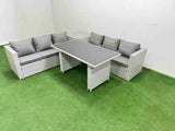 Fimous Rattan Garden Furniture Dining Set 6 seater Patio Rectangular Table Sofa Set with Side Table Light Grey