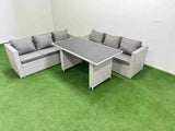 Fimous Rattan Garden Furniture Dining Set 6 seater Patio Rectangular Table Sofa Set Light Grey