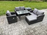 Fimous 6 Pieces Outdoor Garden Dining Sets Rattan Furniture With Dining Table Armchairs Love Sofa Big Footstool Side Table Dark Grey Mixed