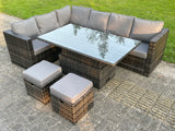 Fimous 8 Seat Dark Mixed Grey Rattan Garden Furniture Corner Sofa Set Adjustable Dining Or Coffee Table Left Side