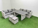Fimous Rattan Garden Furniture Dining Set 8 seater Patio Rectangular Table Sofa Set with 2 Small Stools Light Grey