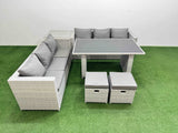 Fimous Rattan Garden Furniture Dining Set 8 seater Patio Rectangular Table Sofa Set with Side Table 2 Small Stools Light Grey