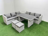 Fimous Rattan Garden Furniture Dining Set 8 seater Patio Rectangular Table Sofa Set with Side Table 2 Small Stools Light Grey