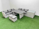 Fimous Rattan Garden Furniture Dining Set 8 seater Patio Rectangular Table Sofa Set with 2 Side Tables 2 Small Stools Light Grey