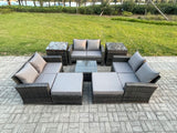 Fimous Outdoor Lounge Sofa Set Wicker PE Rattan Garden Furniture Set with Square Coffee Table Double Seat Sofa 2 Big Footstool 2 Side Tables Dark Grey Mixed