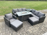 Fimous 9 Seater Wicker Rattan Garden Furniture Set Gas Fire Pit Dining Table Reclining Chair 3 Seater Sofa Set Indoor Outdoor with Side Table 2 Big Footstool
