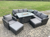 Fimous 9 Seater Wicker Rattan Garden Furniture Set Gas Fire Pit Dining Table Reclining Chair 3 Seater Sofa Set Indoor Outdoor with Side Table 2 Big Footstool
