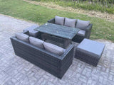 Fimous 8 Seater Outdoor Lounge Sofa Garden Furniture Set Patio Rattan Rectangular Dining Table with 2 Big Footstool Dark Grey Mixed